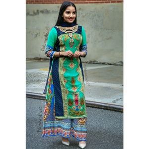 Plazzo suit includes long kameez and scarf
